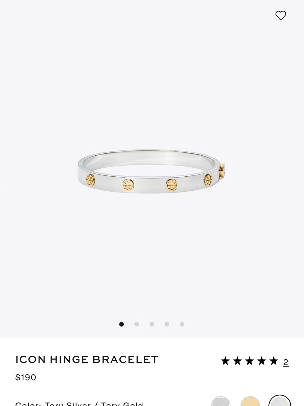 Tory Burch Silver Hinged Bangle with Gold Logo Studs NWT